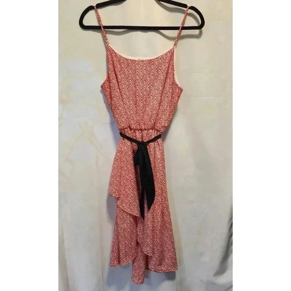 Everly Sleeveless Wrap Front Dress Women's L Red/White Belted Adjustable Summer